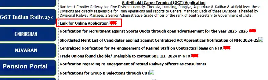 Home page of NFR website for NFR Sports Quota Recruitment 2025