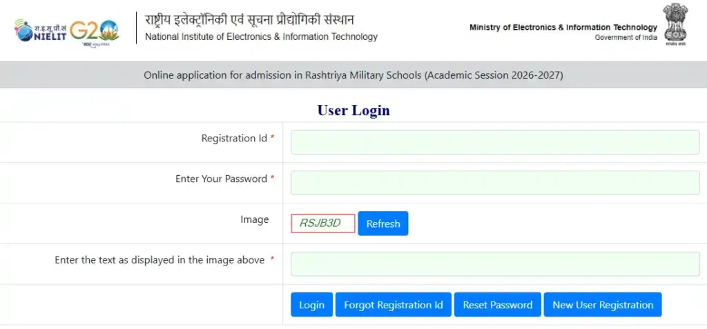 Login Page for Rashtriya Military School Admission 2026-27