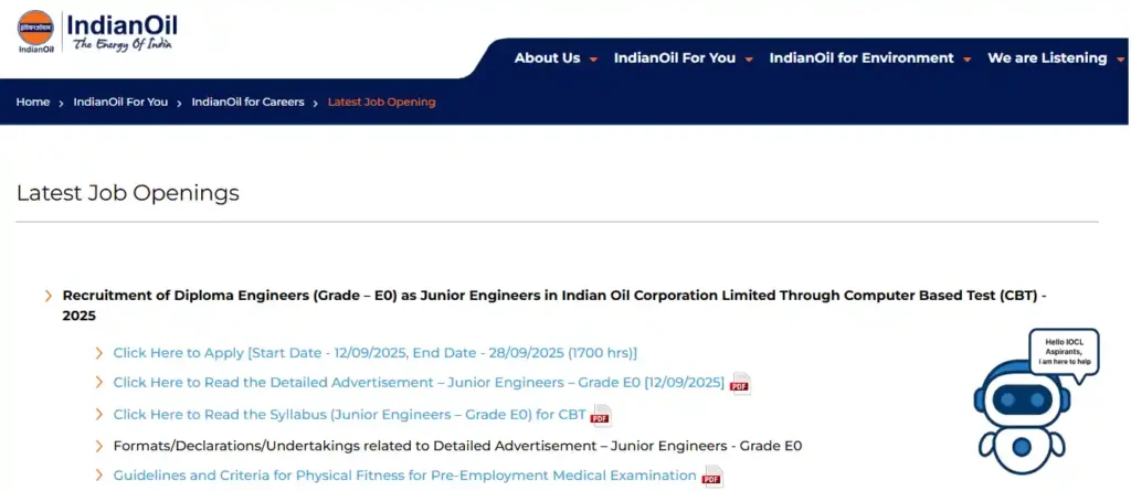 Option of IOCL JE Recruitment 2025