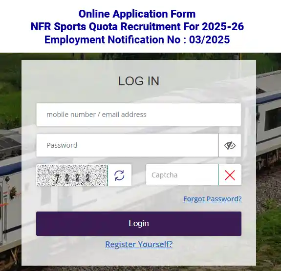 Login page of fill form for NFR Sports Quota Recruitment 2025