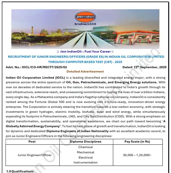 Official Notification of IOCL JE Recruitment 2025