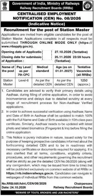 RRB Station Master Recruitment 2026 Short Notification Image